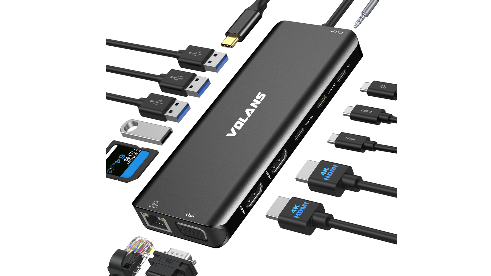 VOLANS VL-UCTDMH-S2 Aluminum 14-in-1 USB-C Hub with 100W PD - Image 3