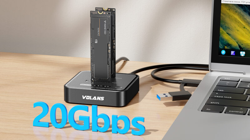VOLANS VL-UCM2DS-S Aluminium 2-Bay USB-C (20Gbps) M.2 NVMe PCI-E SSD Docking Station with Clone - Image 2