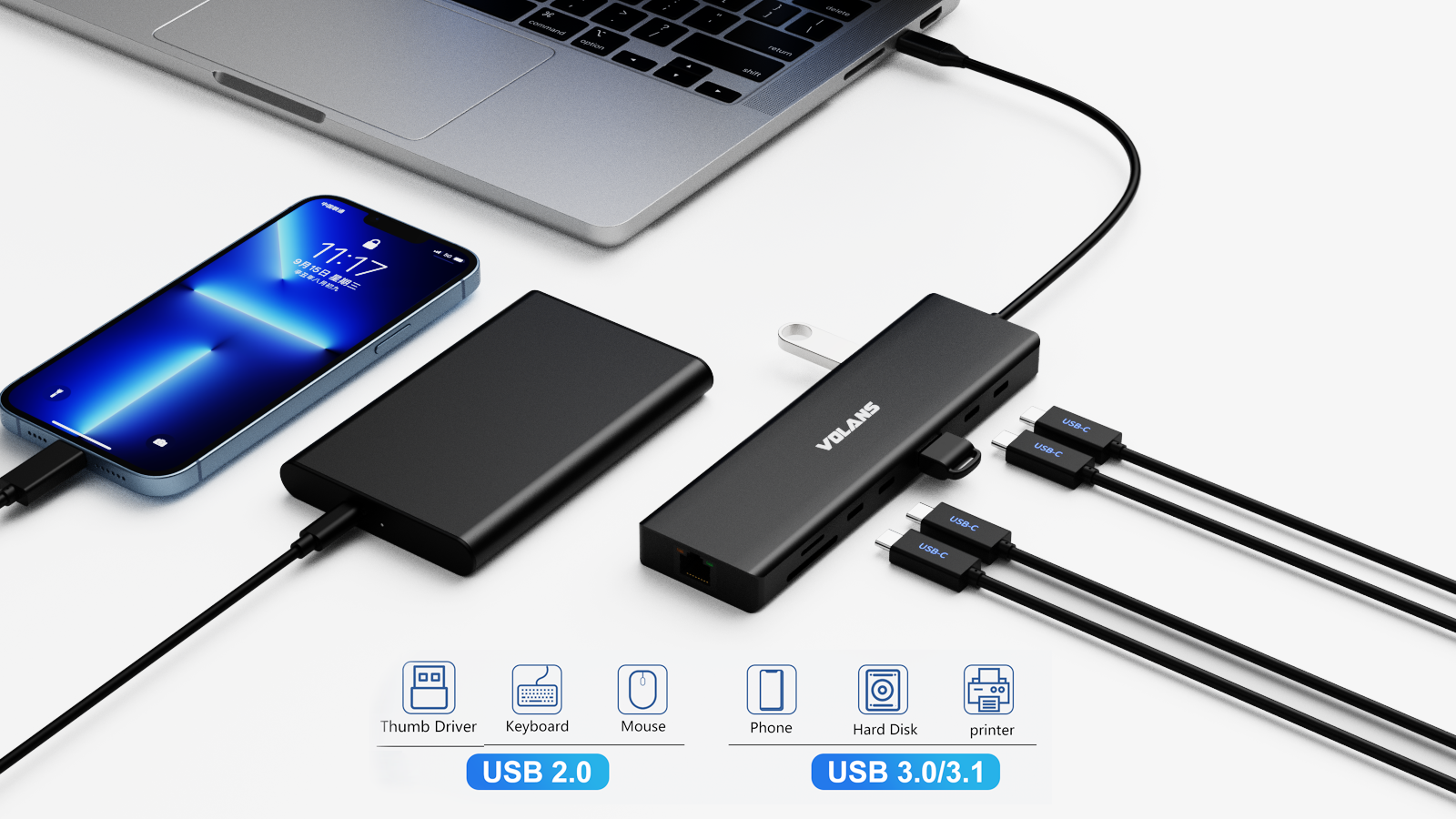 VOLANS VL-UCH3P Aluminum 14-in-1 Triple Display USB-C Hub with 100W PD - Image 3